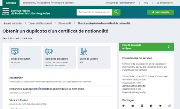 Togo: La demande des duplicatas du certificat de nationalité désormais digitalisée